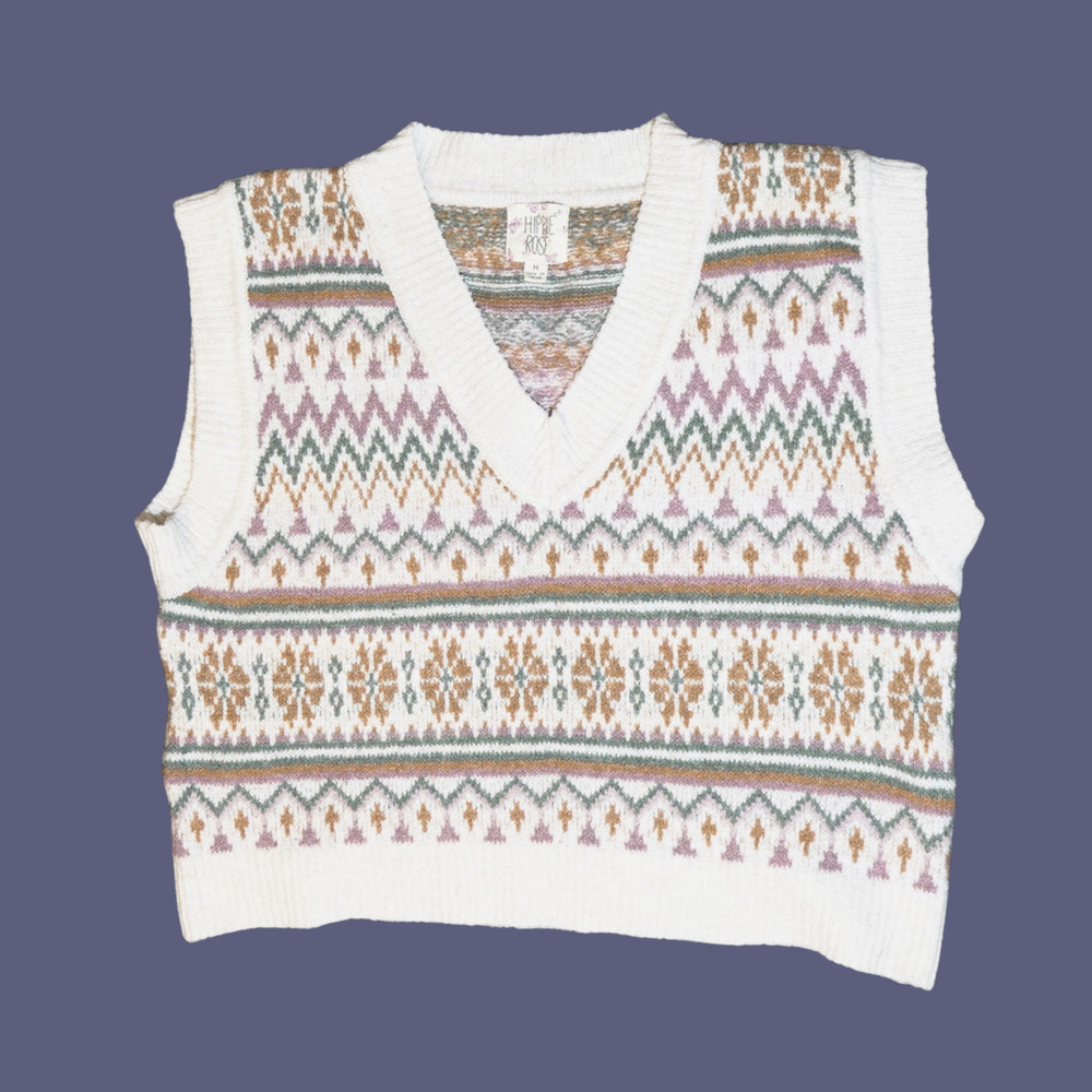 Hippie Rose Sweater Vest Women’s M Cream Fair Isle V Neck Cropped Knit Y2K